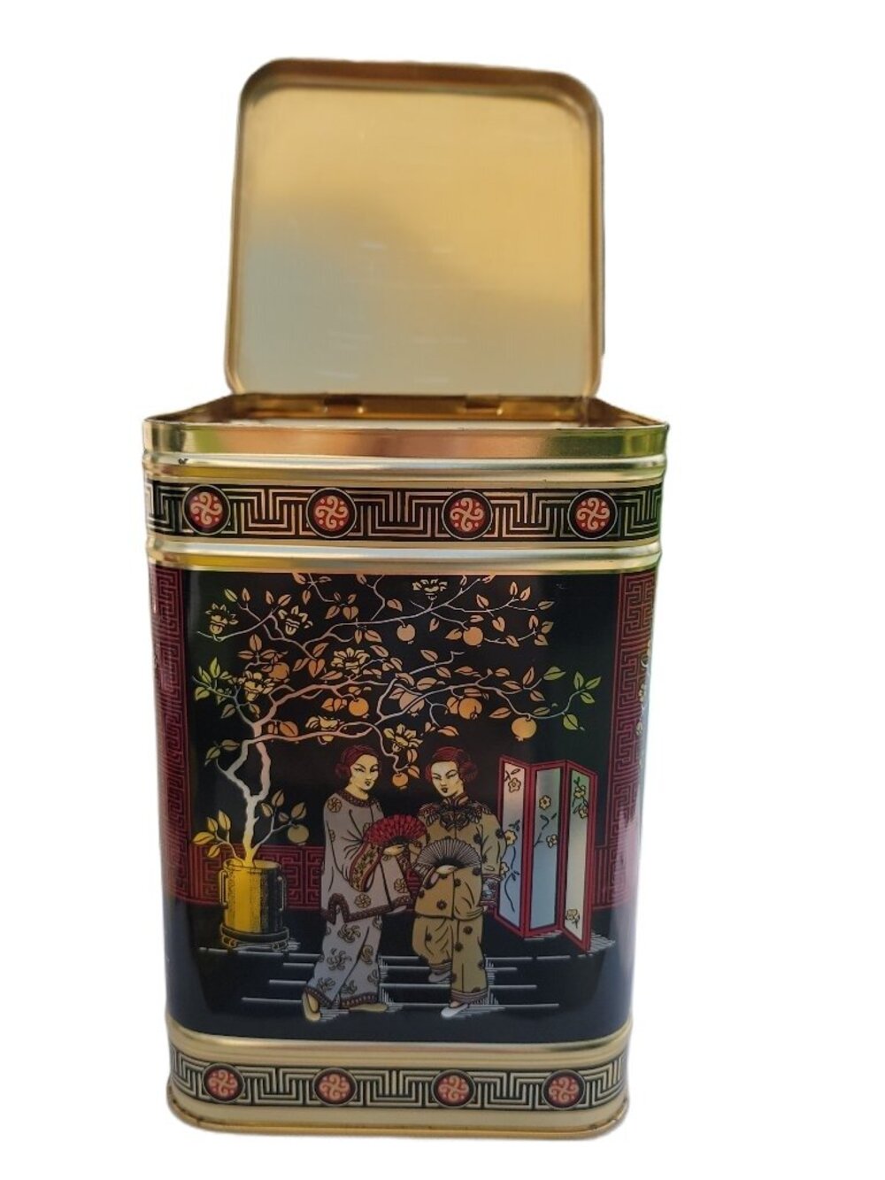 Vintage Chinoiserie Tea Tin Canister Storage Container 8 1/2" x 22"